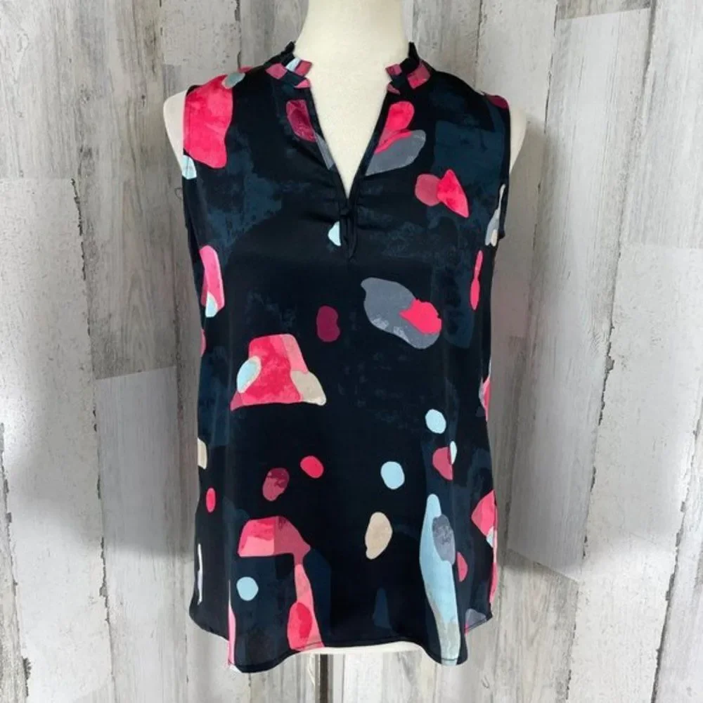Nic + Zoe Women's Black Pink Print V Neck Sleeveless Shirt Top Blouse Sz XS‎